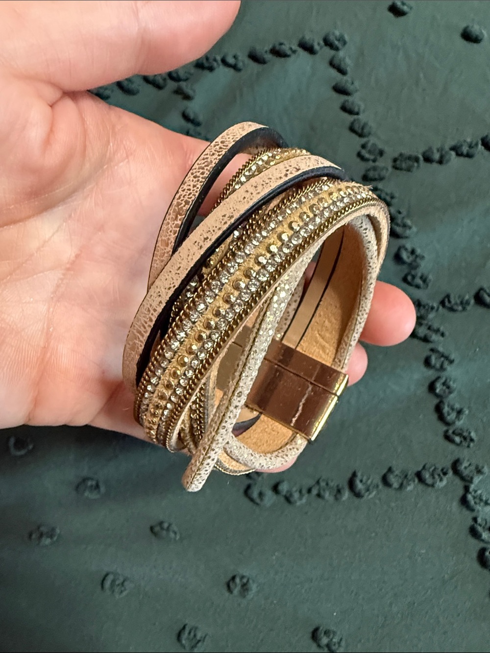 Multi-Strand Rhinestone Wrap Bracelet in Nude and Gold